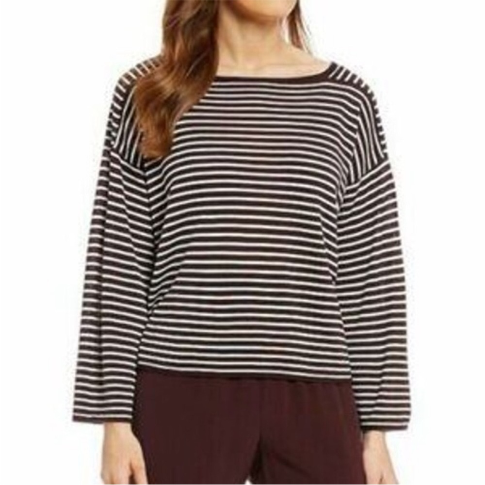 Eileen Fisher Stripe Pullover Shirt Womens L Brown White Boxy Relax Coastal Boho